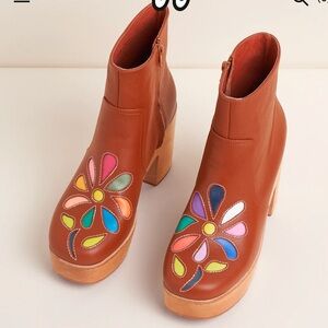 Charlotte Stone Brown Ankle Boots with Colorful Floral Design